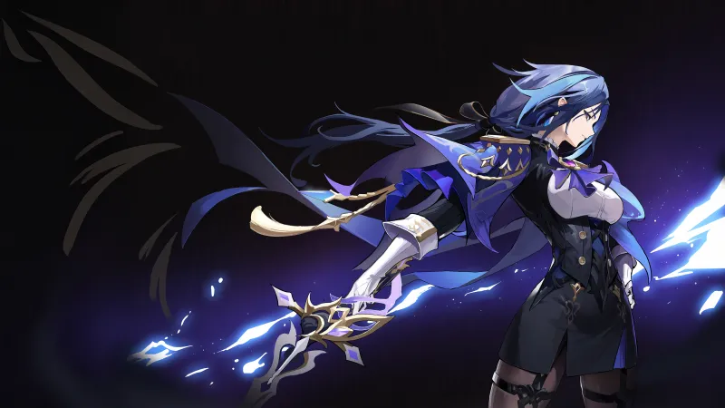 Clorinde, Genshin Impact, Dark background 5K, Dark blue