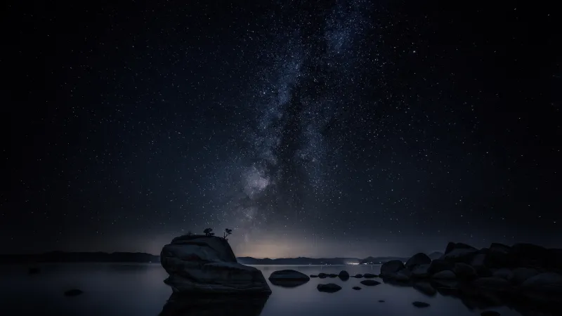 macOS Tahoe 26, Bonsai Rock, Milky Way, Night, Lake Tahoe, Astrophotography, Night sky, Starry sky, Long exposure, Reflections, Galaxy, Dark Sky, Rock formations, Cosmos, Nightscape, 5K, Nevada