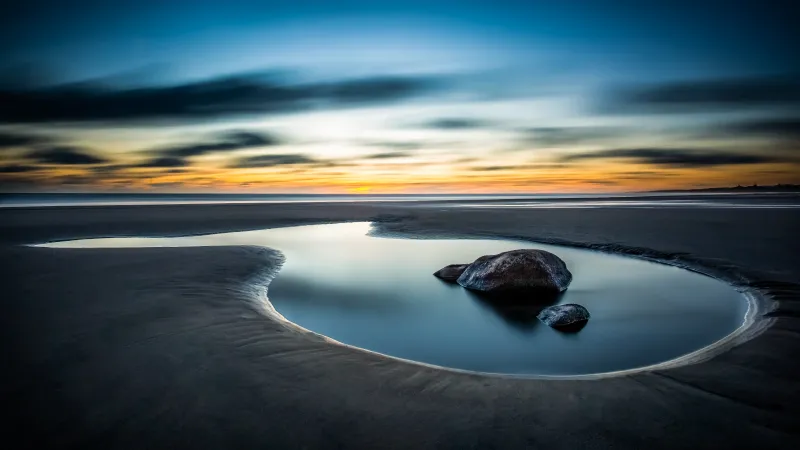 Tide pool Beach Sunset, Long exposure, Clouds, Coastal Tranquility, Serene Landscape, Ocean Horizon, Golden hour, 5K wallpaper