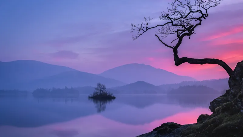 Pastel Sunset Lake, Serene, Misty Twilight, Scenic, Calm