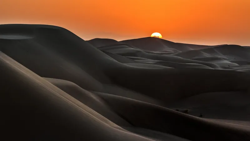 Sunrise Desert, Sand Dunes, Golden hour, Orange sky, Serene, Horizon, 5K wallpaper