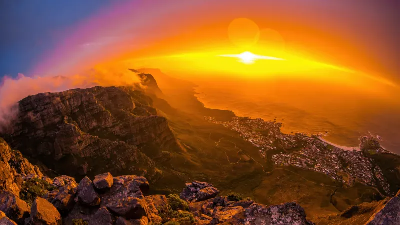 Table Mountain at sunset, Cape Town, Golden sky, 5K wallpaper