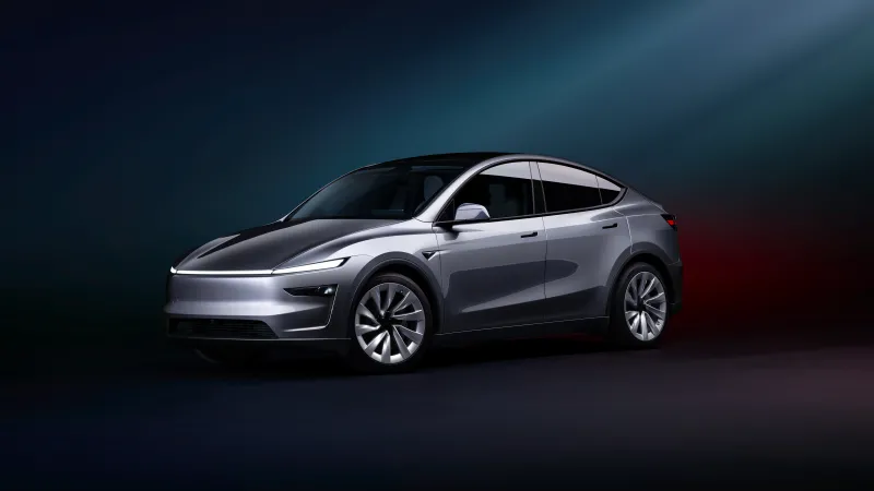 Tesla Model Y wallpaper, Silver electric SUV, Dark studio, 2025