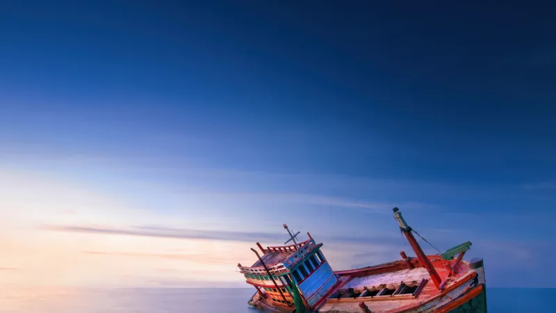 Shipwrecked fishing boat wallpaper, Calm sea, Long exposure