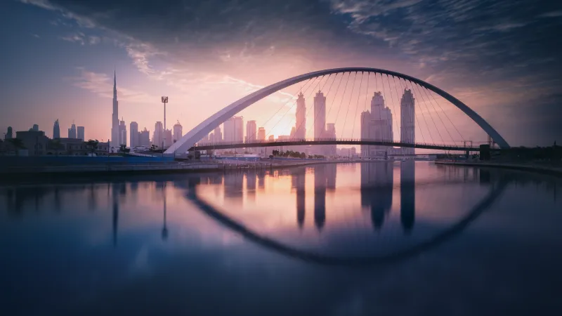 Tolerance Bridge, Dubai skyline, Reflection, 5K wallpaper