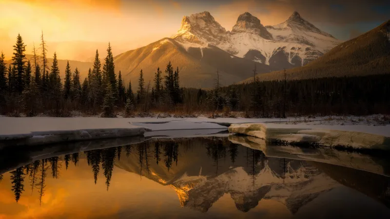 Three Sisters Mountains, Oregon, Snow covered Wilderness, Golden hour Sunset, Serene, Winter Mountains, Mountain Peaks, 5K wallpaper