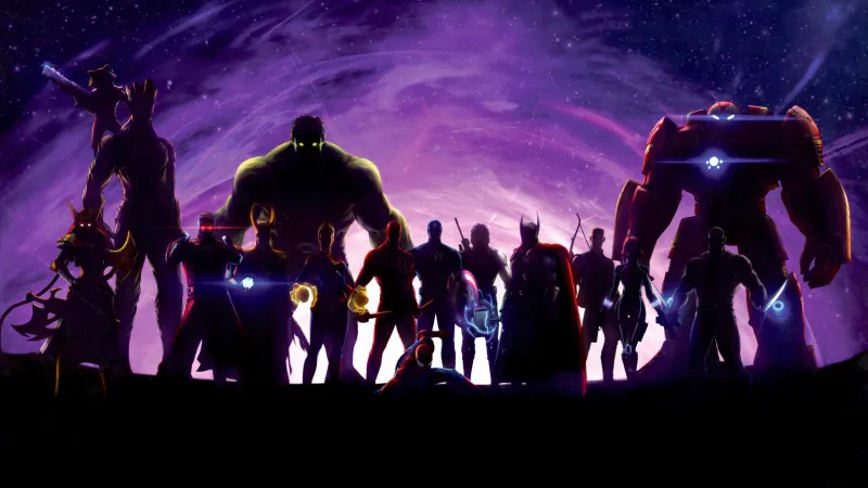 Marvel Superheroes silhouettes, Purple sky, Silhouette, 5K wallpaper