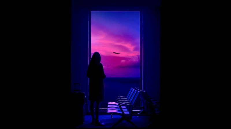 Woman silhouette at airport window, Purple sunset, Plane, 5K wallpaper