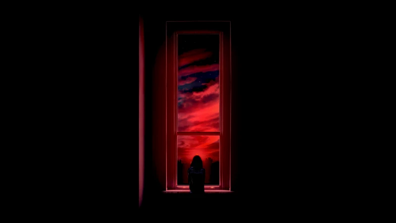 Woman at a red window, Sunset clouds, Dark room, 5K wallpaper