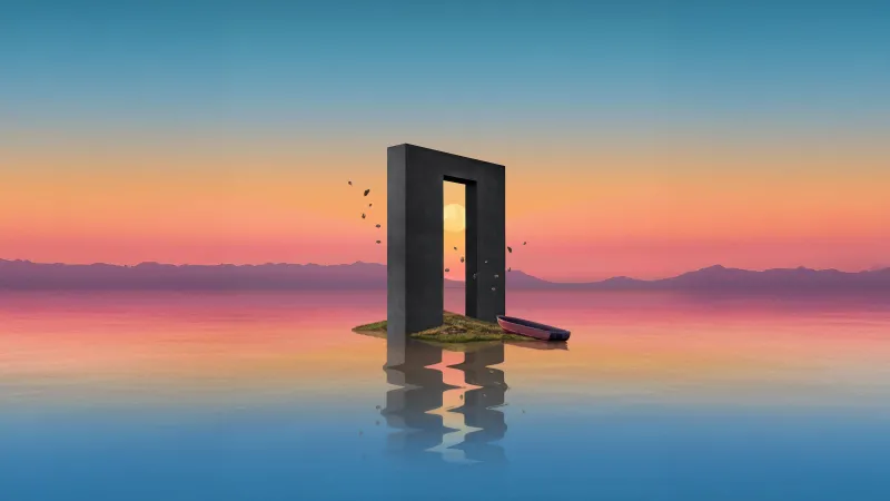 Stone portal on a calm lake wallpaper, Sunset, Surreal
