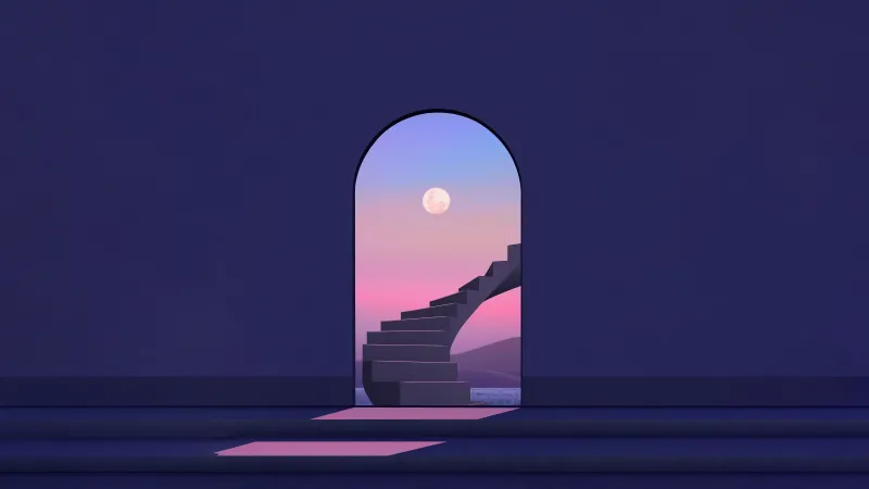 Moon through an archway, Stairs, Purple surreal, 5K wallpaper