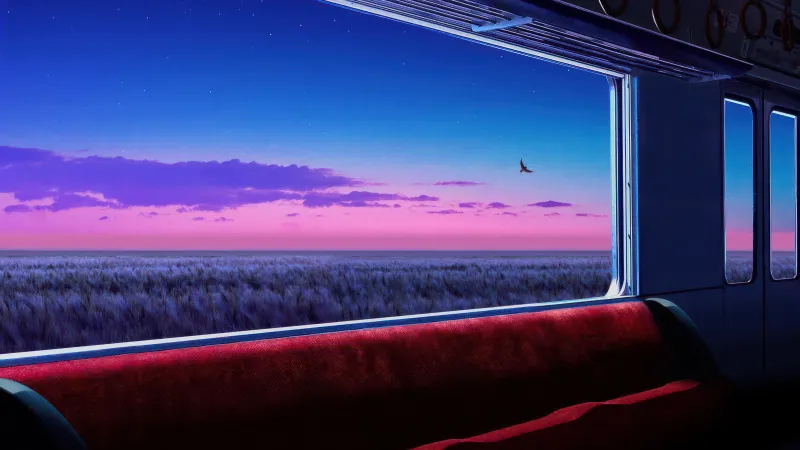 Train window view of wheat fields wallpaper, Pink dusk, Bird