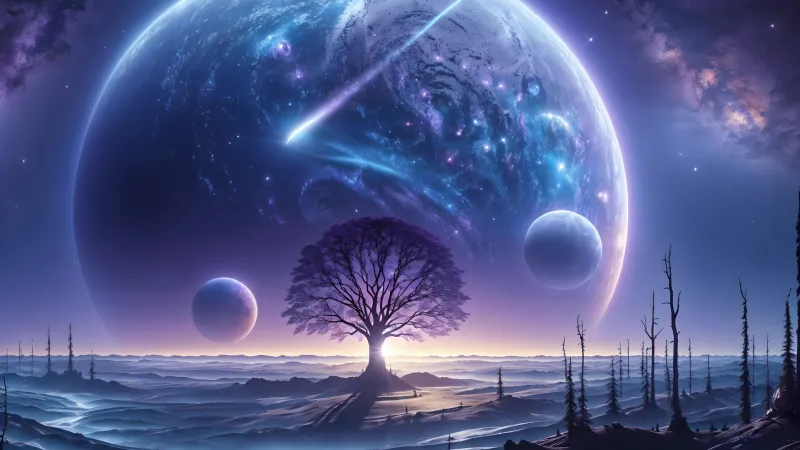 Lone tree under giant planets wallpaper, Alien world, Purple space