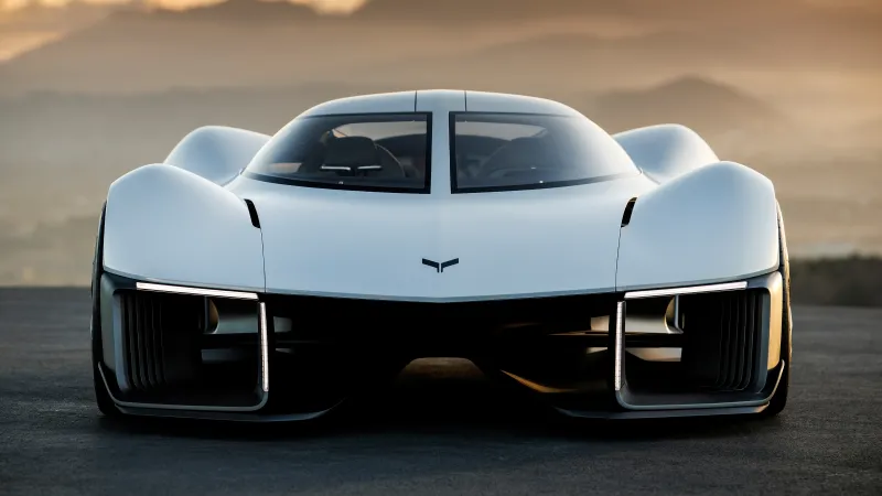 Chevrolet Corvette Concept, Electric supercar, Front view, Sunset, 5K wallpaper