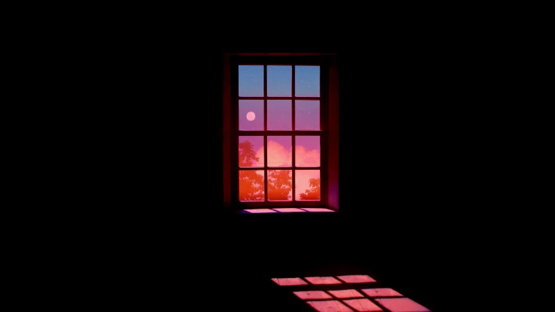 Glowing window in darkness, Pink moonlit sky, Minimal, 5K wallpaper