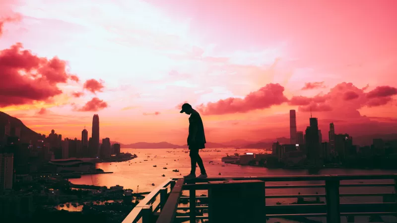 Alone, Silhouette, Cityscape, Hong Kong City, Pink sky, Skyscrapers, River, Person, Standing, Clouds, Sunset