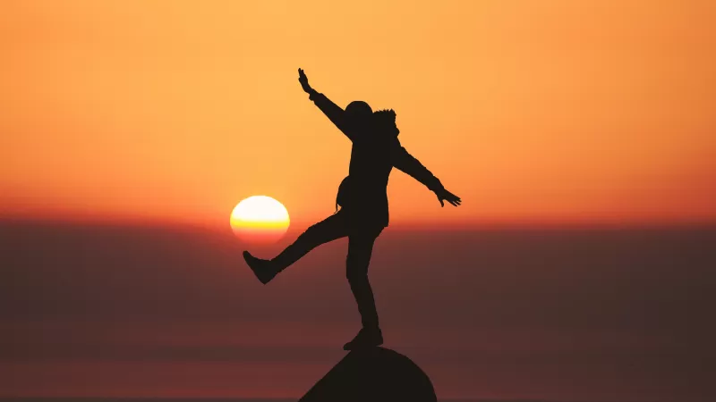 Silhouette, Person, Balance, Sunset, Orange sky, Dawn, Standing, Rock, 5K