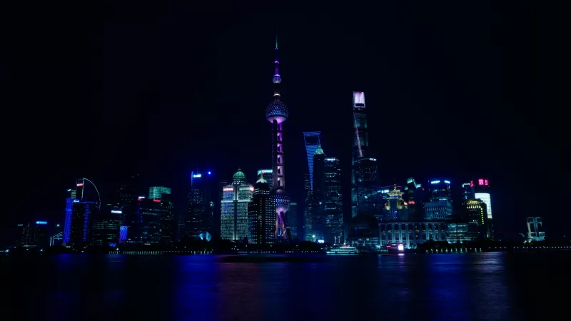 Shanghai City, China, Cityscape, Body of Water, Reflection, Night time, City lights, Skyscrapers, Dark background, 5K
