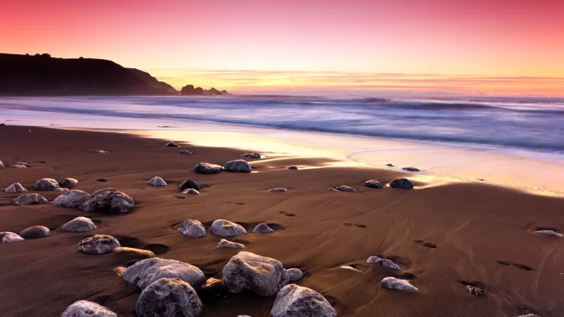 Sunset, Ocean, Pink sky, Rockaway Beach, Landscape, Seascape, Waves, Beautiful, Scenery, 5K