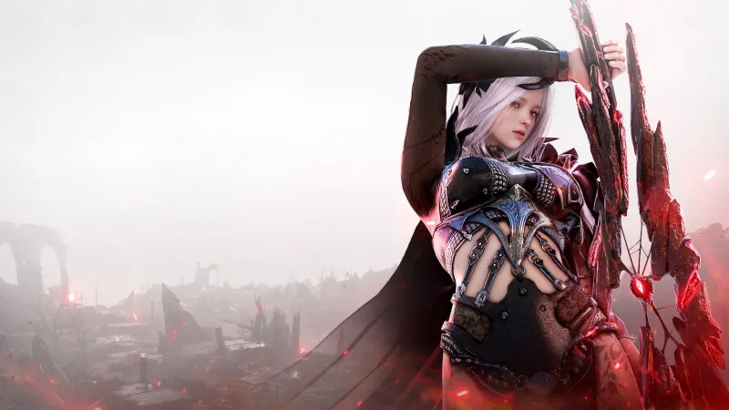 Black Desert wallpaper, Female warrior, Dark knight, Red glow, White background