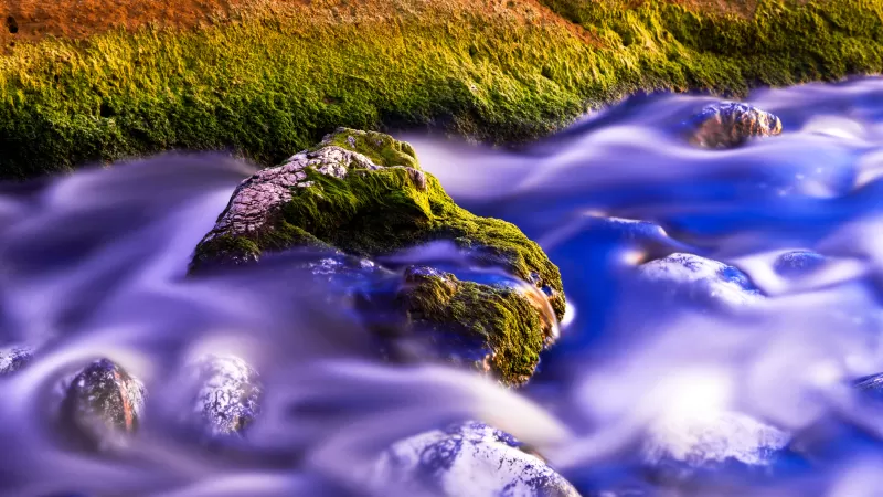 Mossy rock, Silky stream, Long exposure, 5K wallpaper