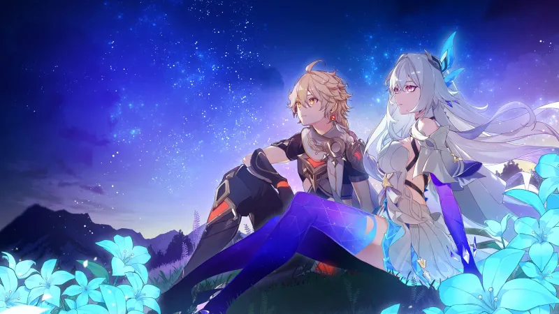 Aether x Skirk, Genshin Impact, Starry sky, Anime couple