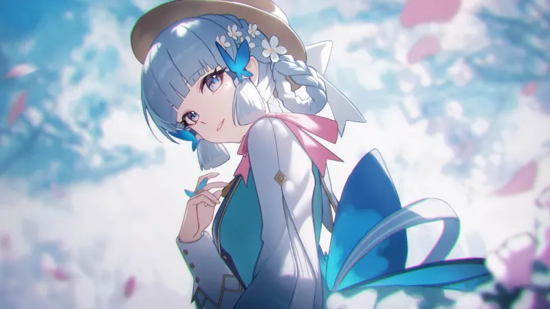 Kamisato Ayaka, 5K wallpaper, Genshin Impact, Blue hair, Smiling girl, Hat