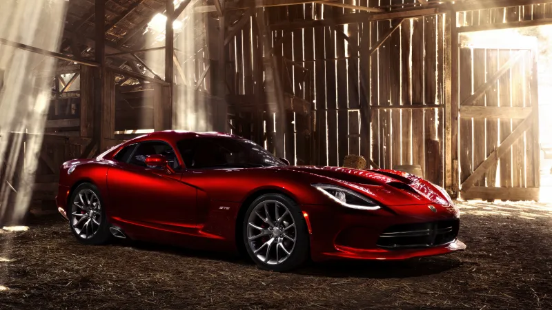 Dodge Viper SRT GTS, Red sports car, Barn, Sun rays, 5K wallpaper