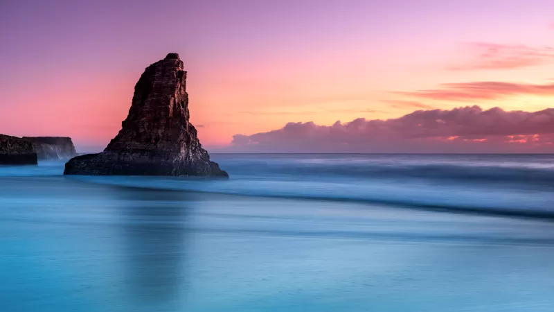 Ocean blue, Purple sky, Clouds, Seascape, Davenport, California, United States, Scenery, Sunset, Island, Cliff, 5K, 8K
