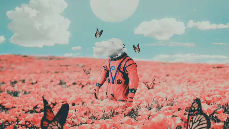 Astronaut, NASA, Flower garden, Butterflies, Surreal, Moon, Clouds, Space suit, 5K