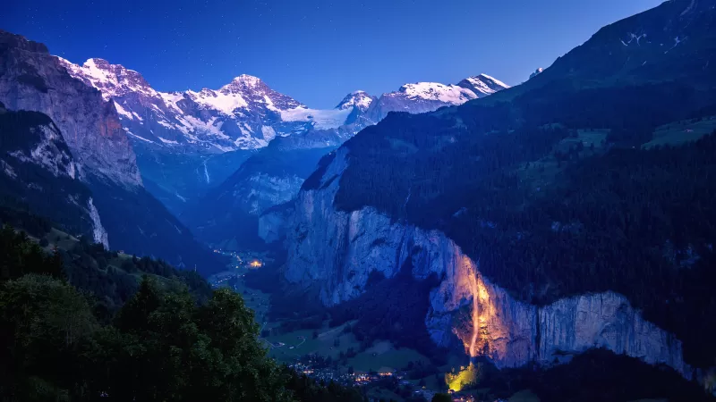 Lauterbrunnen Valley, Swiss Alps, Blue hour, 4K wallpaper