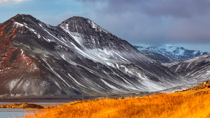Glacier mountains, Black mountains, Snow covered, Daylight, Landscape, Iceland, 5K