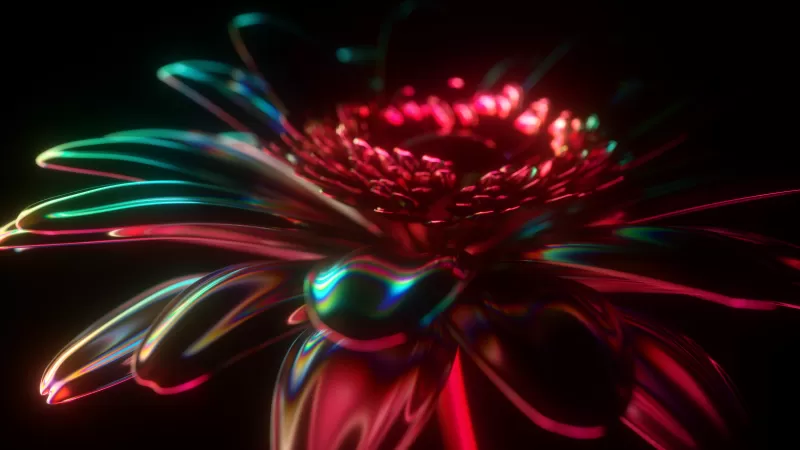 3D, Neon, Flower, CGI, Cyberpunk, Black background, Glowing
