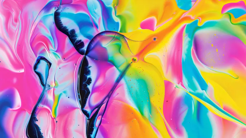 Rainbow liquid paint, Vibrant swirls, Fluid art, 5K wallpaper