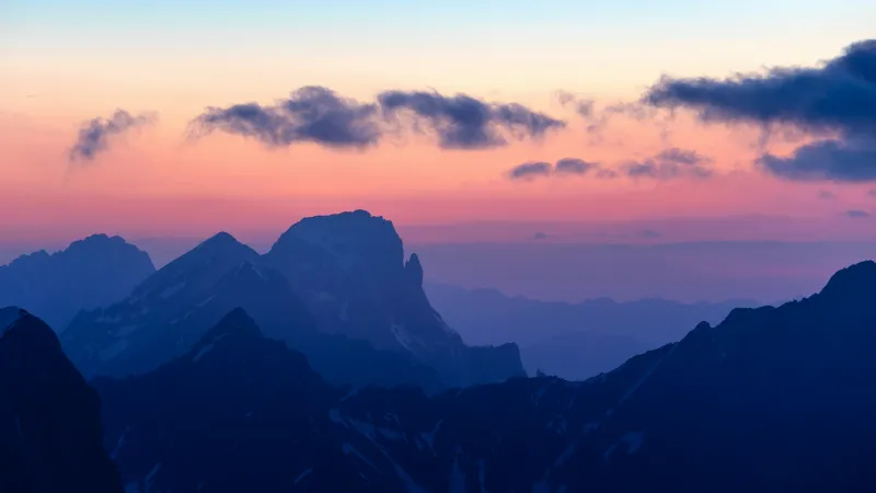 Austrian Alps at dusk, Pink sky, Mountain silhouettes, 5K wallpaper