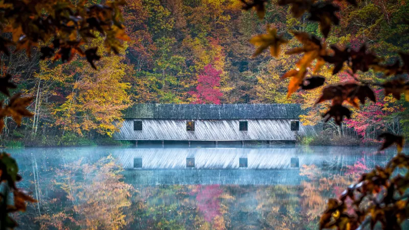 Cambron Covered Bridge, Huntsville, Alabama, Reflection, River, Autumn, Trees, 5K, 8K