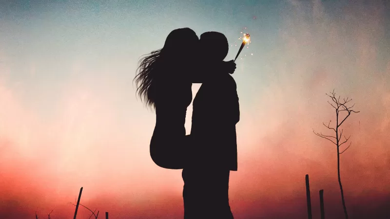 Couple, Romantic kiss, Silhouette, Sunset, Pair, Together, Romance, First kiss, Sparklers, Crescent Moon, Backlit