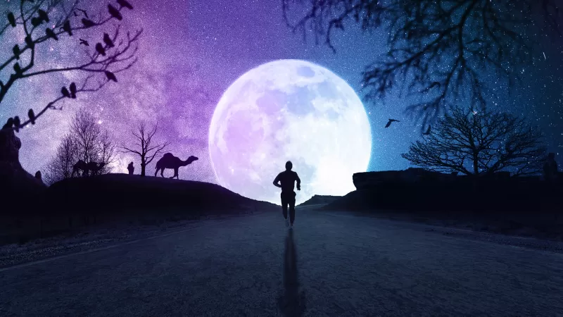 Full moon, Silhouette, Running, Starry sky, Night, Road