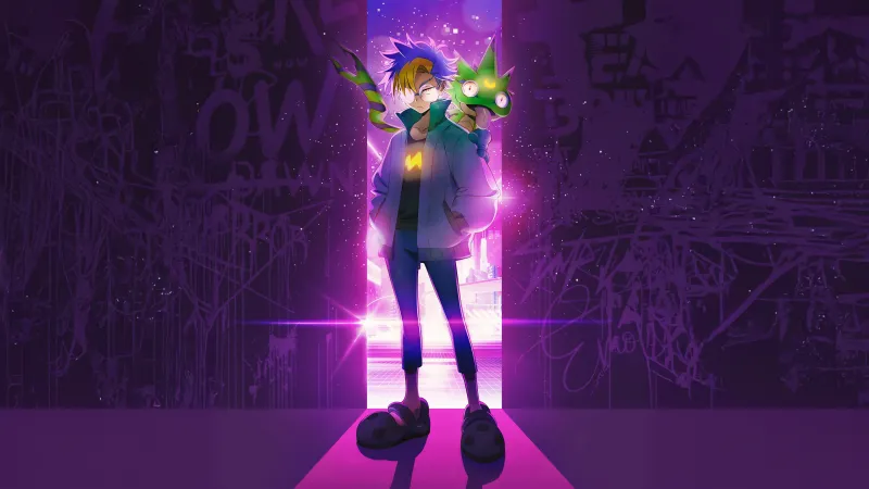 Digimon Beatbreak, Tomoro Tenma, Animated series, Neon pink, Purple background, 5K wallpaper