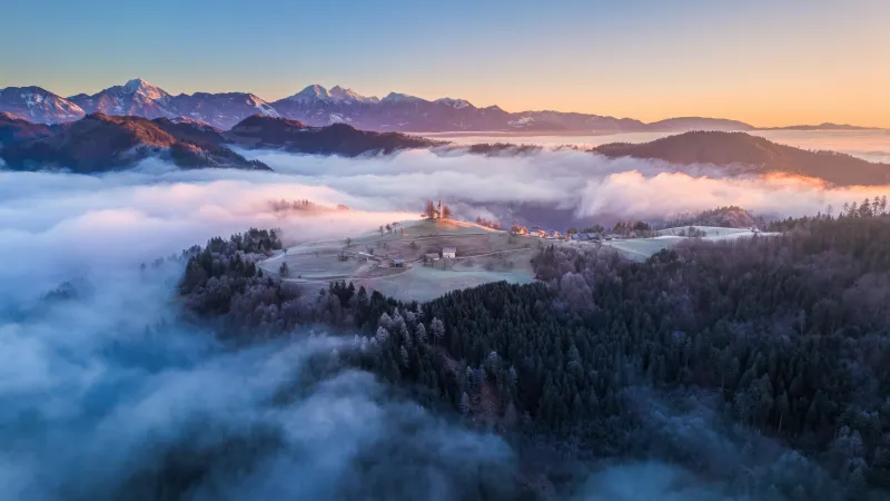 St. Thomas church on a misty hill wallpaper, Slovenia, Sunrise