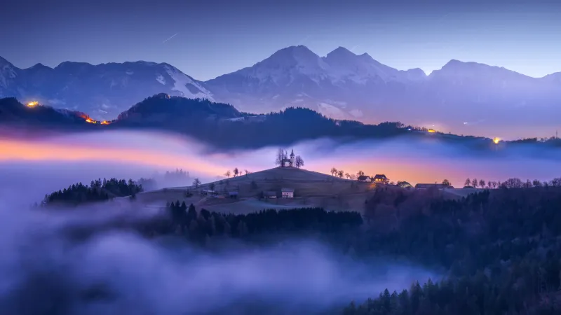 Sveti Tomaž church at blue hour, Slovenia, Fog valley, 4K wallpaper