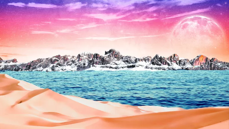 Surreal collage, Desert meets sea, Pink sky, 5K wallpaper