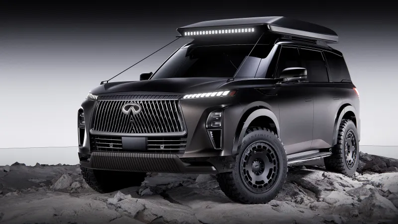 Infiniti QX80 Terrain Spec Concept, Black off-road SUV, Lava rocks, 2025 wallpaper