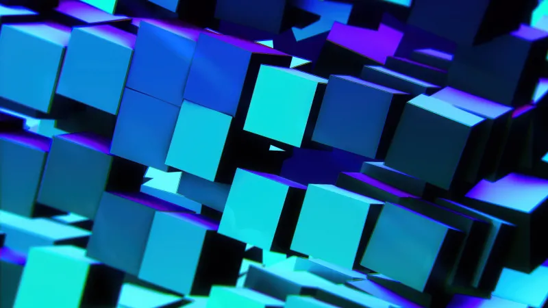 Shuniji, Minecraft, Blue cubes, 3D Abstract, Teal and purple, 5K wallpaper