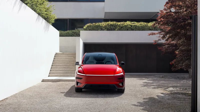 Tesla Model Y Performance wallpaper, Red electric SUV, Modern house, 2025, 4K