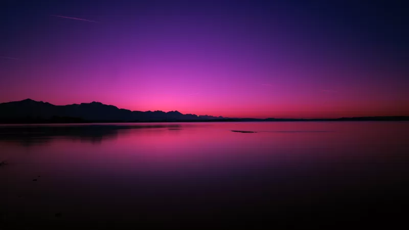 Sunset, Lake, Dusk, Purple sky, Reflection, Dawn, Body of Water, Dark, Backlit