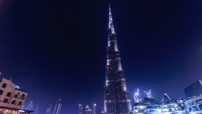Burj Khalifa, Dubai, United Arab Emirates, Modern architecture, Night time, Cityscape, City lights, Skyscrapers