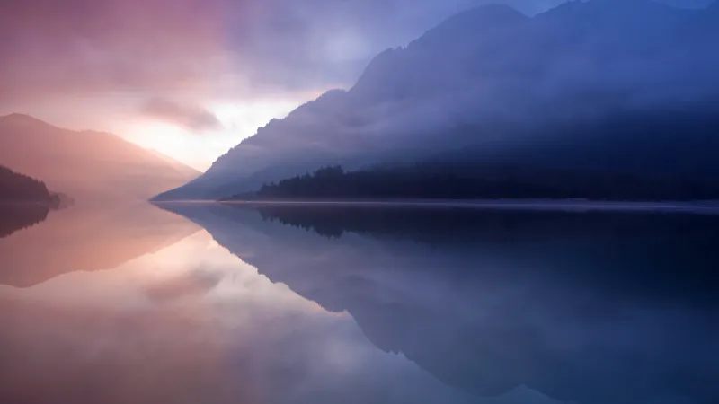 OS X Lion, Tranquil, Lake, Mountains, Reflection, Mist, Landscape, Mac OS X, Stock wallpaper 5K