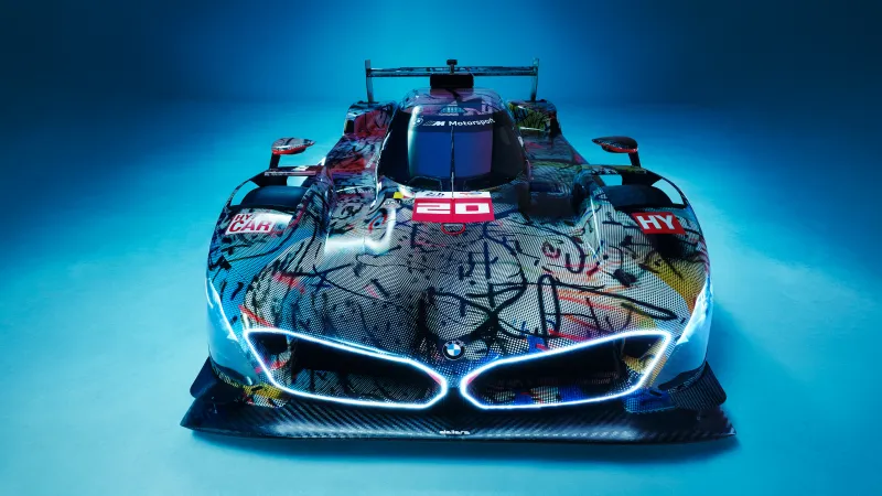 BMW M Hybrid V8 Art Car wallpaper, Julie Mehretu, Le Mans, Blue background, 8K