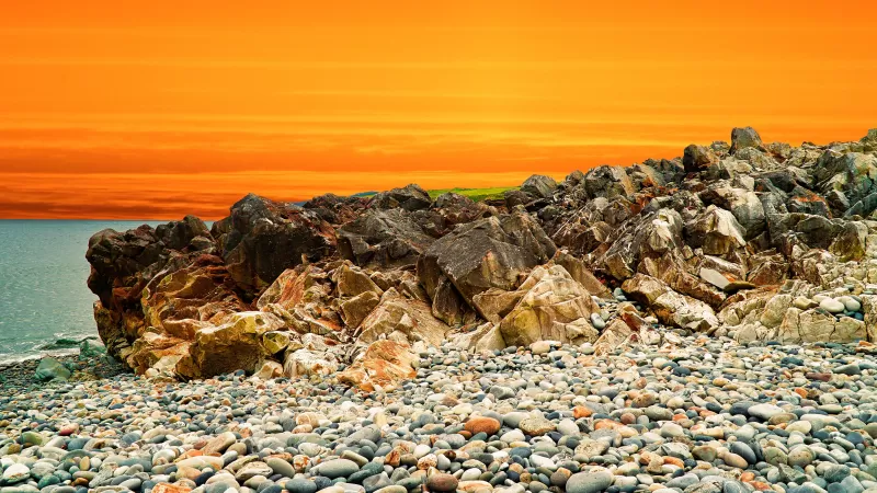 Landscape, Orange sky, Rocks, Pebbles, Sunset, Ocean, Coastal, Scenery, Water, 5K